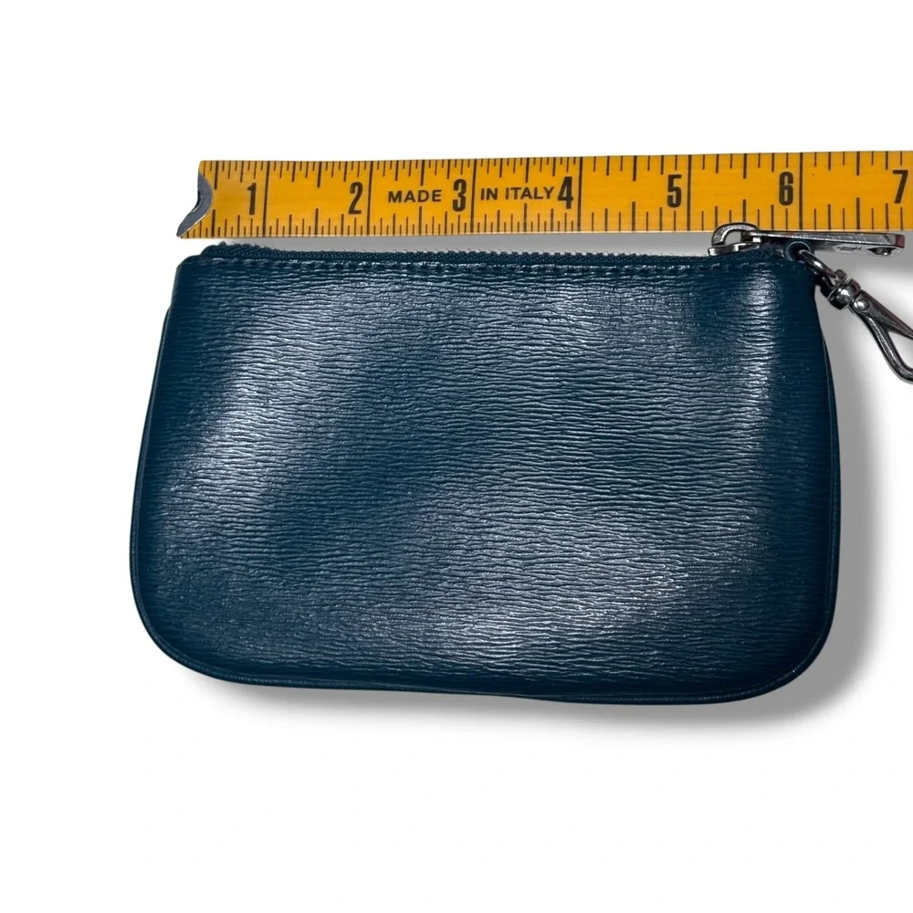 Lauren Ralph Lauren Teal Blue Textured Leather Zip Coin Pouch Logo Plaque Small
